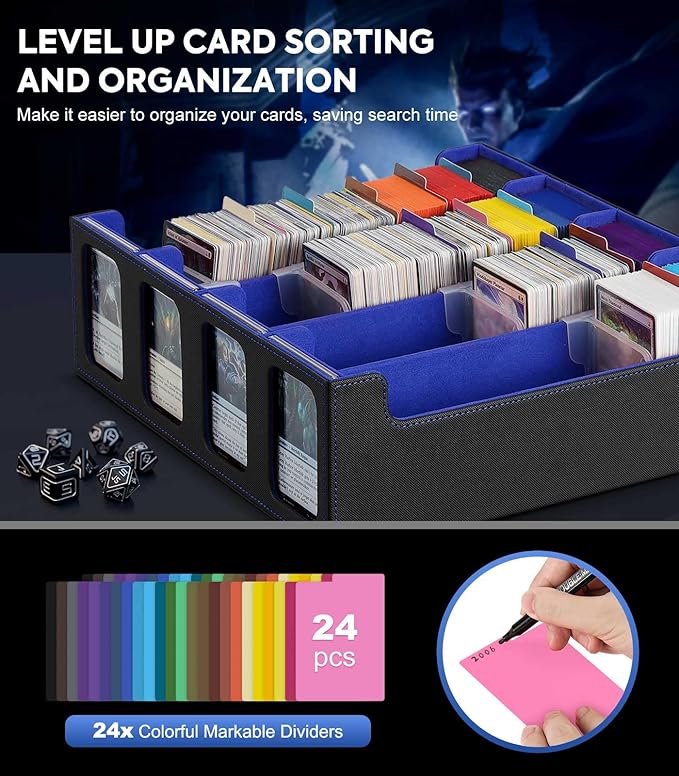 MoKo Card Storage Box for Trading Cards, 3000+ MTG Deck Box with 24 Colorful Dividers & 4 Card Supporters, Commander Card Deck Case with Display Window, Fits for Magic Game Cards, YugiOh, Black Blue
