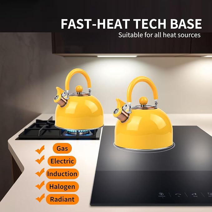 2.6 Quart Yellow Whistling Tea Kettle, tea pot, Stainless Steel, Cool-Touch Handle, Loud Whistle, 7.48-inch Base, Induction Compatible