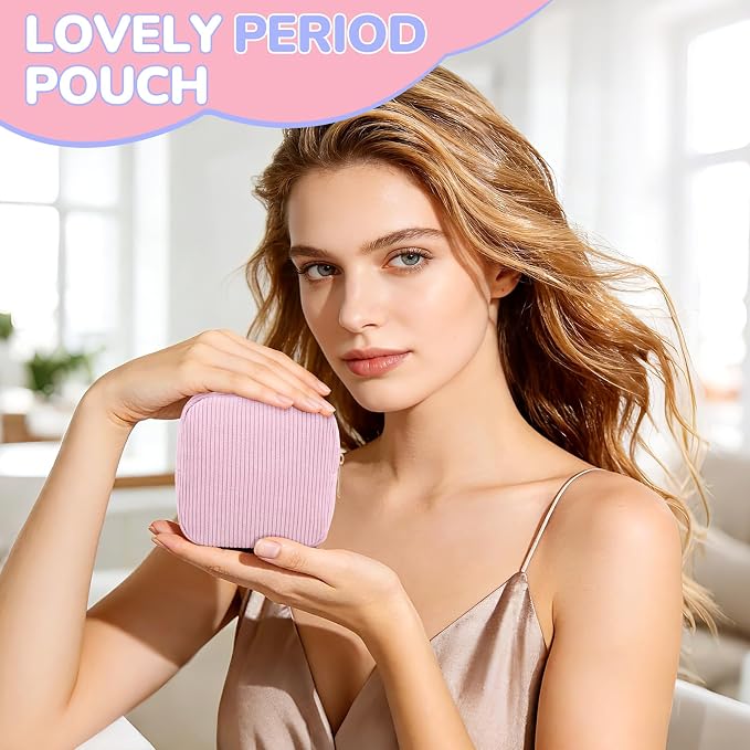 Corduroy Period Pouch Small Discreet Period Bag Sanitary Napkin Storage Bag Cute Menstrual Pad Pouch Tampon Bag for Purse Portable Zipper Makeup Bags for Women Ladies Purple
