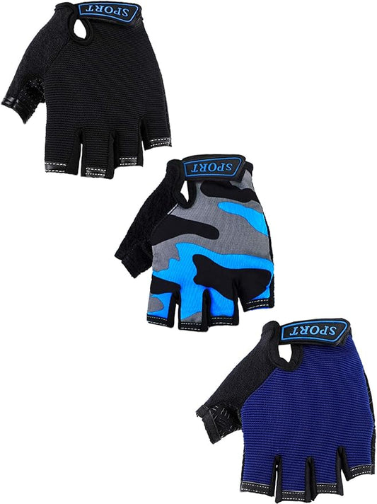 Boao 3 Pairs Kids Half Finger Bike Gloves Non-Slip Breathable Adjustable Birthday Gift for Boys Girls for Bike Workout