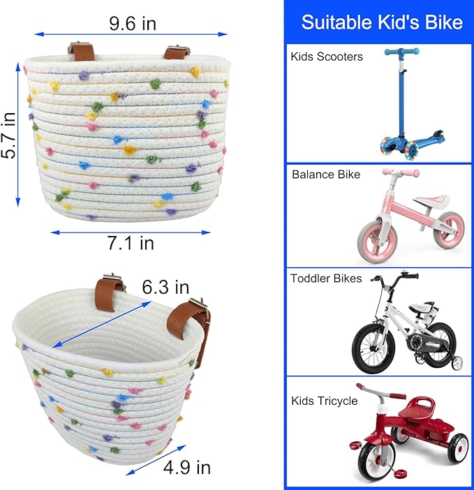 Kids Bike Basket for Boys and Girls, Children's Bicycle Basket Woven With Sisal Rope, Cute Decorative Accessories for Balance Bikes and Scooters