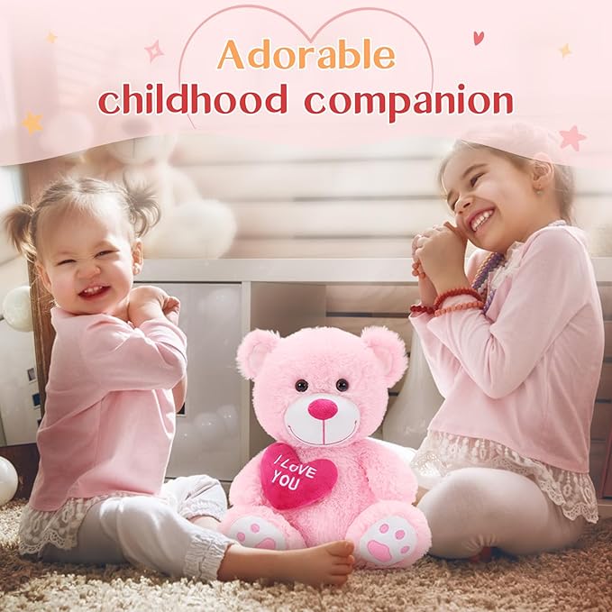 12" Teddy Bear with Heart, Cute Pink Teddy Bear Stuffed Animals for Valentines Soft Bear Plushie Toy Stuffed Bear Plush Gifts for Girlfriend Kid