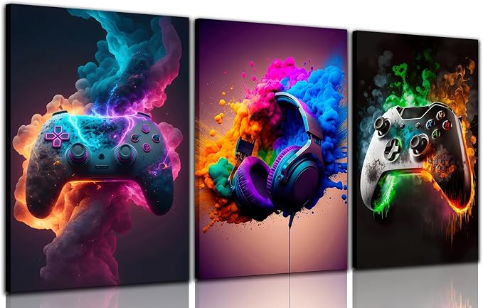 BGFCE Gaming Room Decor Canvas Wall Art Set of 3 - Cool Video Gaming Theme Wall Decor, Gamer Paintings Picture Print for Teen Boys Room 12x16 inch Framed