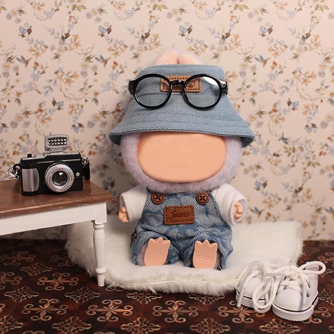 6 Piece 17cm Doll Clothes, Outfit Set with Accessories for 17cm Dolls, Denim Style Outfit Set with T-Shirt + Denim Overalls + Canvas Sneakers + Denim Hat + Mini Camera + Glasses, No Doll Included