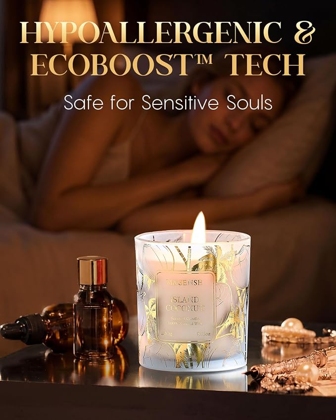 M&SENSE Coconut Soy Candle, 8.1oz Gilded Glass Summer Island | 42H Slow Burn, Natural Soy Wax, Gilded Glass, Tropical Coconut, Sensitive-Friendly