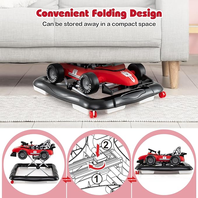 HONEY JOY Baby Walker, 4-in-1 Foldable Infant Activity Push Walker, Toddler Car Walker with Adjustable Heights, Music, Lights, Padded Seat, Baby Walker with Wheels for Boys Girls 6-18 Months (Red)