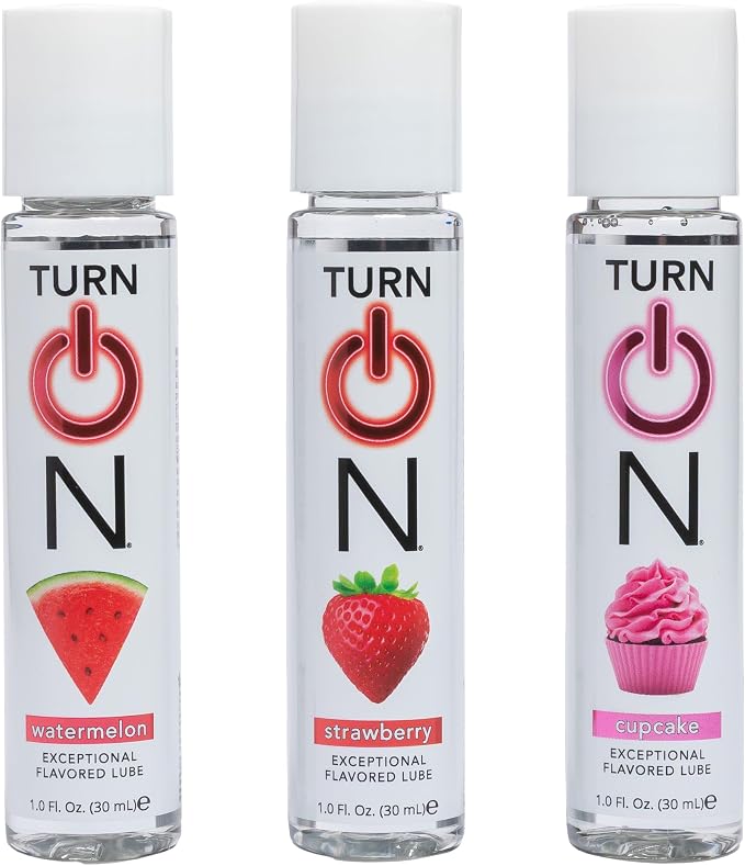 Turn On 3-Pack Flavors Sampler Collection - Strawberry, Watermelon, and Cupcake Lubes for Men, Women, and Couples | Paraben-Free, Gluten-Free, Stain-Free, Travel-Friendly, 1 fl oz Each