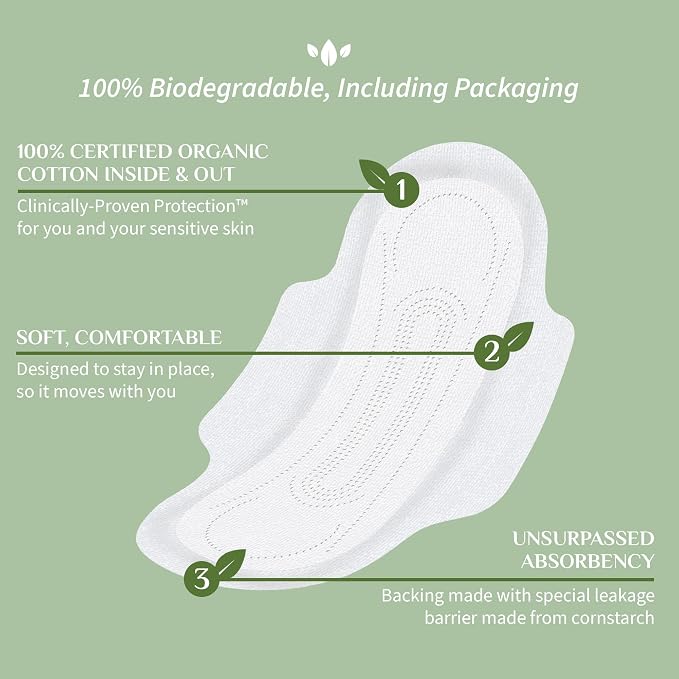Organyc 100% Certified Organic Cotton Feminine Pads, Sanitary Napkin, Heavy Flow, 10 Count (Pack of 2)