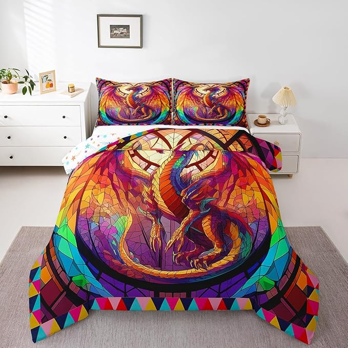 Feelyou Dragon Comforter Set Queen Size Dragon Stuff Comforter for Boys Girls Teens Wild Life Bedding Set Dragon Decor Duvet Set Room Decor Orange Quilt Set