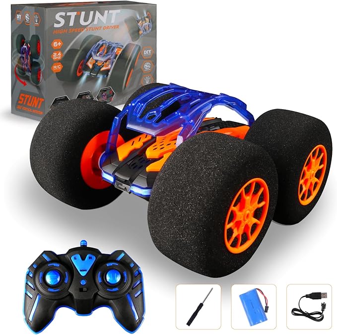 Indoor RC Car Stunt Remote Control Car Toys with Soft Wheels RC Cars for Kids Indoor Outdoor with LED headlight & Crazy Stunts 360° Flips Double Sided Vehicle 2.4GHz Remote Control for Boys Girls Gift