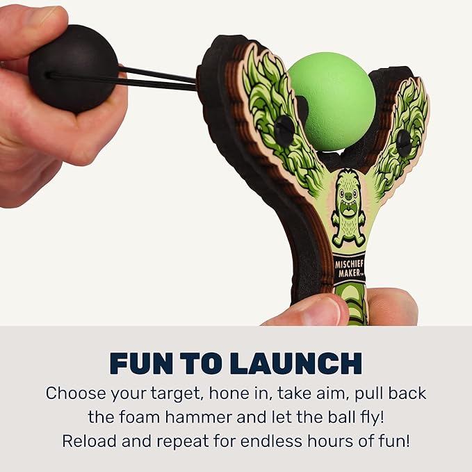 Mischief Maker® Wooden Slingshot - Lil’ Monster Series - Real Wood Slingshot for Kids, 4 Soft Foam Balls and Storage Bag - Ages 4+ (Green)