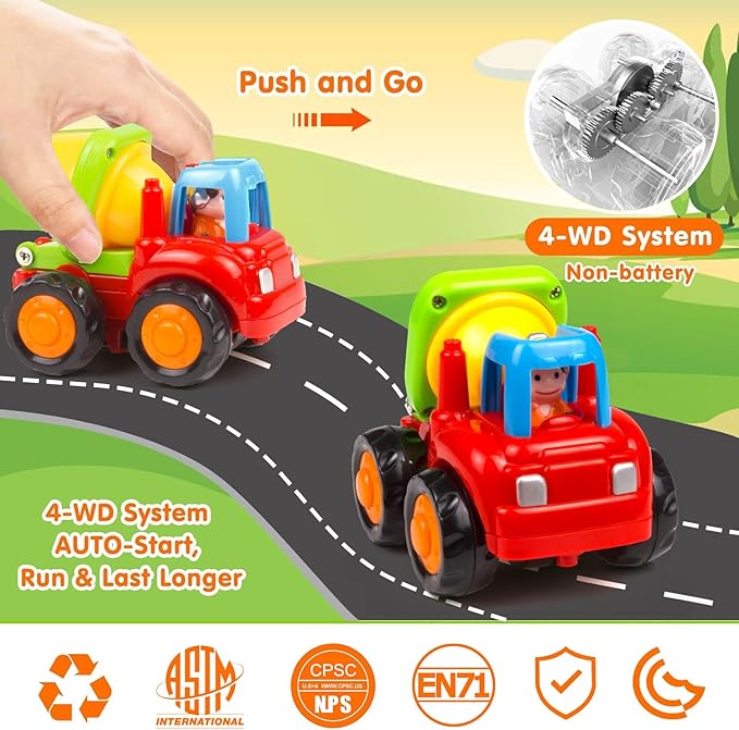 Push and Go Friction Powered Cars Construction Vehicles Toy Set Tractor Bulldozer Mixer Truck Dumper for 1 2 3 Year Old Baby Toddlers Boys Gifts