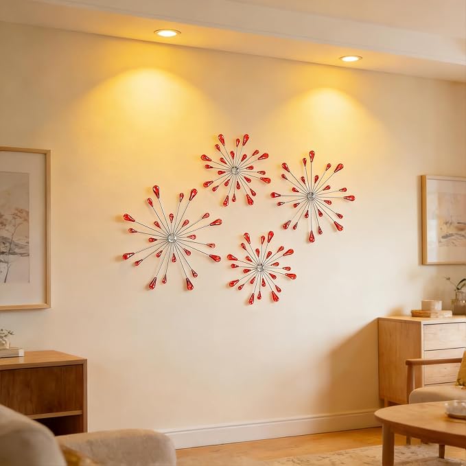 ZEXUIRU 4 Set Silver Starburst Wall Art for Home Decor Metal Bling Crystal Rhinestones Sunburst Wall Decor Sparkling Rhinestone Art Accent -Red 13in/11.8in/9.8in/9.8in