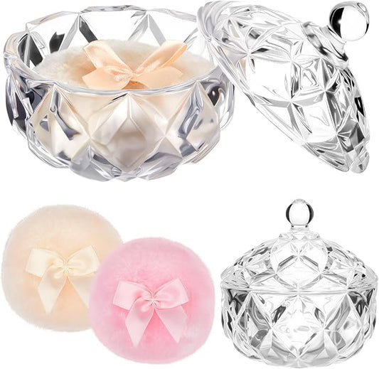 Tioncy 3 Pcs Large Body Powder Puff and Container Valentine's Day gift Powder Container with Puff Crystal Case Soft Washable Reusable Velour Face Body Glitter Wet Dry Makeup(Cute,Clear)