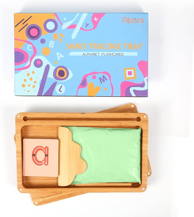 Montessori Sand Tray with Lid - Wooden Sand Trays for Kids - Writing Letters and Numbers (Green)
