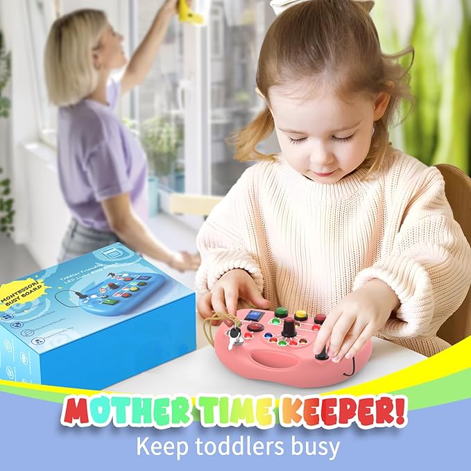 Toddler Busy Board with Led Light Switch, Travel Sensory Board Montessori Toddlers Toys 1-2 Year Old, Baby Educational Activities Travel Essential Toys Ideal Christmas & Birthday Gift (Pink)