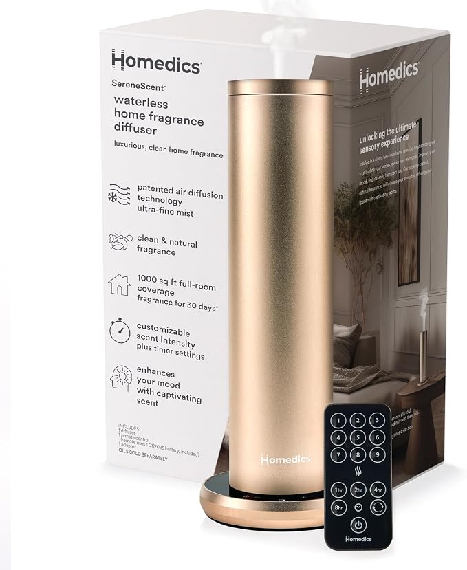 Homedics SereneScent Waterless Essential Oil Diffuser, Home Fragrance Scent Diffuser for Large Rooms, No Water Needed, Patented Air Diffusion Technology, Oil Sold Separately, Champagne