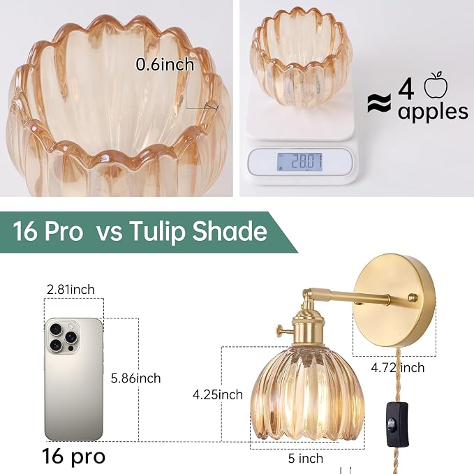 Shenmoyl Plug in Wall Sconce, Amber Tulip Glass Lampshade Wall Light Plugin Corded for Bedside Bedroom Doorway