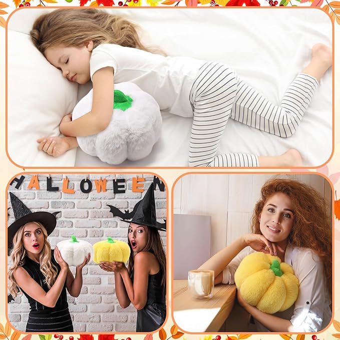 4 Pcs Pumpkin Pillows Fall Halloween Pumpkin Stuffed Animals Rabbit Hair Plush Toys Fluffy Thanksgiving Decor Throw Pillows Gifts for Kids for Home Bedroom Sofa Couch(White,Yellow)