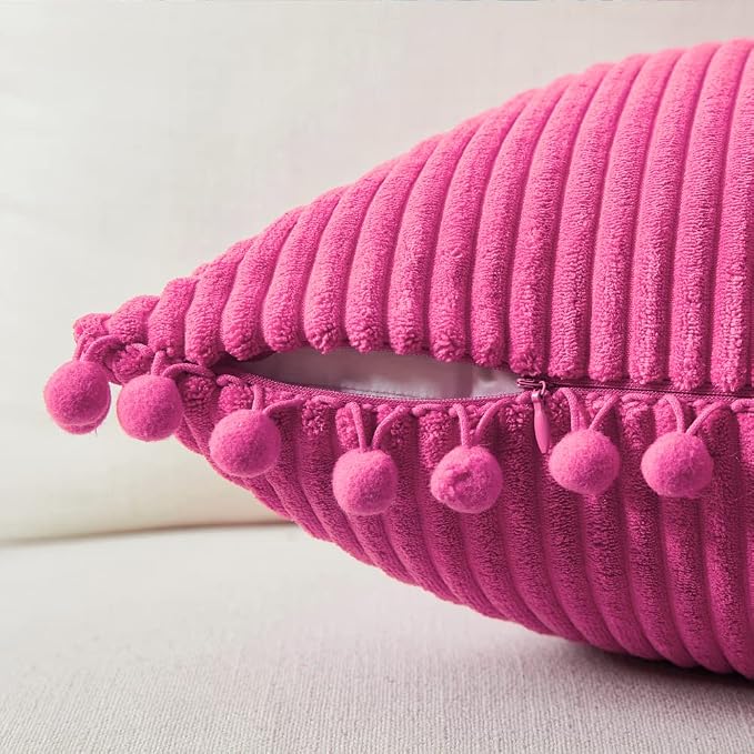 Fancy Homi Pack of 2 Corduroy Soft Decorative Throw Pillow Covers with Pom-poms, Solid Square Cushion Case Pillow Cases Set for Couch Sofa Bedroom Car Living Room (20"x20", Hot Pink)