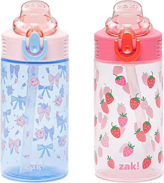 Zak Designs Sage Kids Water Bottle For School or Travel, 16oz Durable Plastic Water Bottle With Straw, Handle, and Leak-Proof, Pop-Up Spout Cover, 2-Pack Set (Berry and Bows)