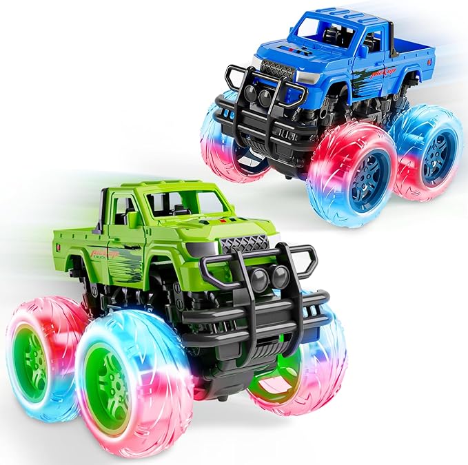 LODBY Monster Trucks Toys for Toddlers, Light-Up Trucks & Cars Toys for 2 3 4 5 6 Year Old Boy Christmas Birthday Gifts, Kids Push and Go Cars with Flashing Wheels (2 Pack)