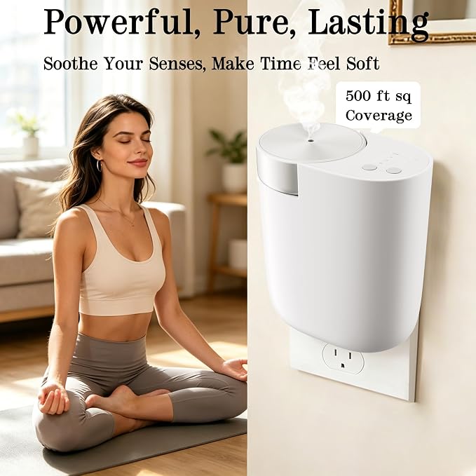 Waterless Diffuser for Essential Oil, Plug in Wall Scent Diffuser for Home, Quiet Cold Air Aromatherapy Diffuser with 500 Sq Ft Coverage, Includes 2×30ml Hotel-Inspired Oils (White)