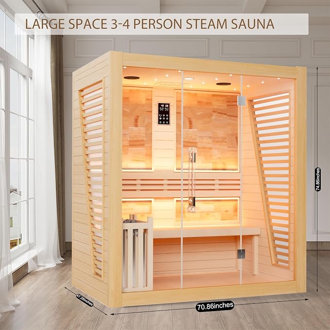 Smartmak Wood Home Steam Sauna, WiFi Control 4 Person Canadian Hemlock Traditional Luxurious Wooden Indoor Spa Room, with 4.5 kw Heater, Speaker, Rocks, Water Bucket, Spoon, Sky Lights