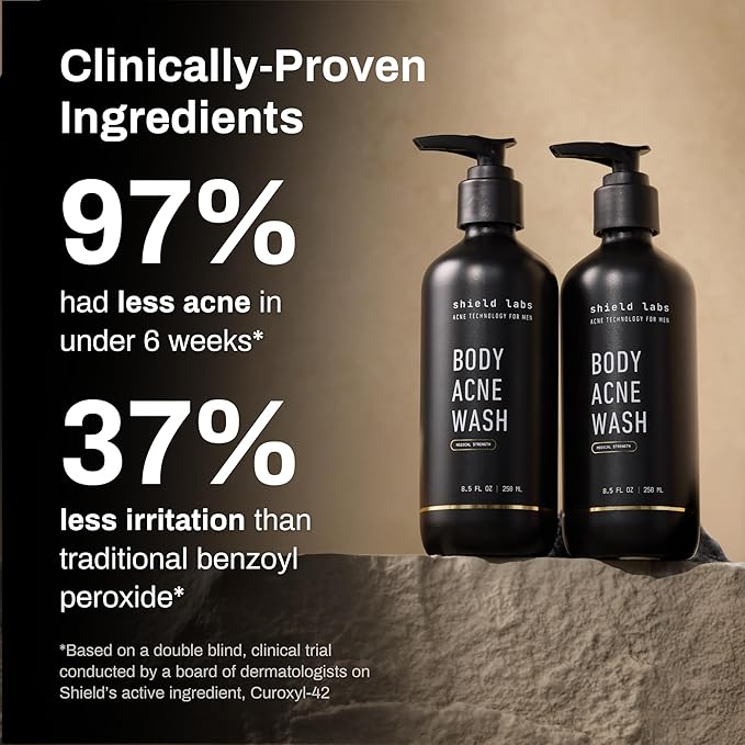 Shield Men's Acne Body Wash for Back, Chest & Shoulders - 4% Benzoyl Peroxide Body Wash, Clears Breakouts & Acne Scars – Unscented with Niacinamide, Glycolic Acid & Ceramides, 8.5 oz