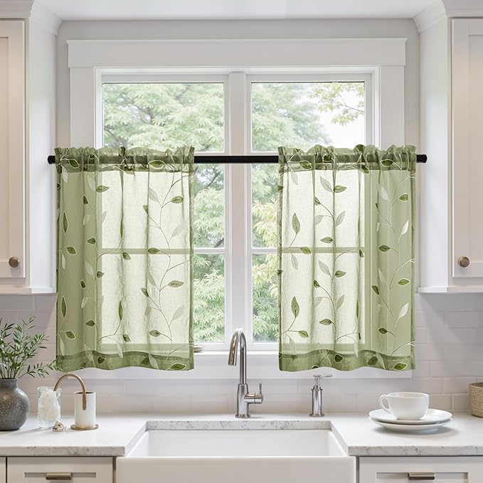 MIULEE Sage Green Sheer Curtains 2 Panels Embroidered Leaf Patterned Rod Pocket Floral Semi Sheer Faux Linen Short Window Curtains Drapes Set for Kitchen Bathroom Cafe, 30x30 Inches Length