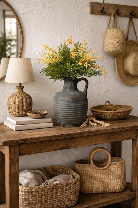 SIDUCAL Rustic Ceramic Farmhouse Flower Vase with 1 Handle-Height 8.43" Terracotta Vase, Unique Textured Pottery Flower Vases for Home Decor, Table, Wedding, Living Room, Shelf Decor, Bronze Black