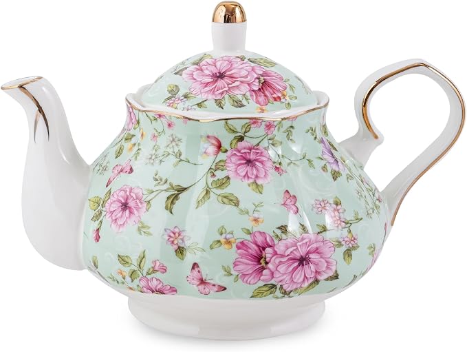 Agyiuns Flower Ceramic Teapot,22oz Porcelain Tea pot for Tea Coffee Milk for Office Home Men Women as Gift (Green)
