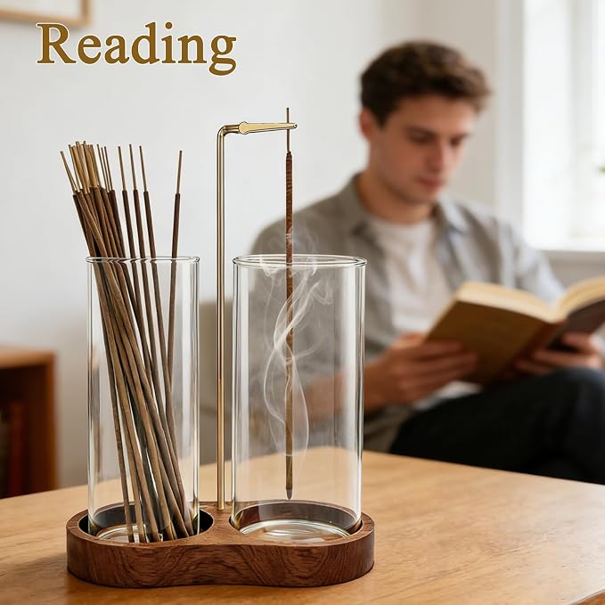 Ceremony Incense Holder, 2 in 1 Wooden Incense Holder for Sticks | Anti-ash Incense Burner with Glass Ash Catcher for Meditation Yoga Spa Room Decor