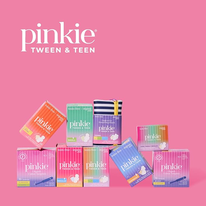 Pinkie Period Starter Pads - Designed for Smaller Underwear - Organic Cotton Topsheet Tween & Teen Pads with Wings - Chlorine Free & Fragrance Free - Teen Regular, 18 Count