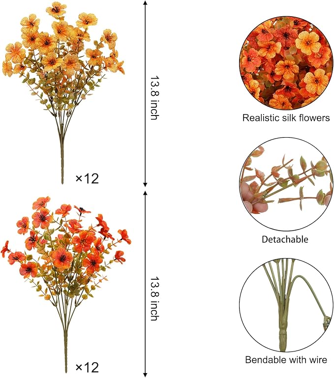 Ouddy Decor 24 Pcs Artificial Fall Flowers, Fake Mums Outdoor, Mixed Orange | Lifelike faux mums, silk flower, UV resistant, no-maintenance, for autumn Thanksgiving garden porch yard indoor outdoor decor