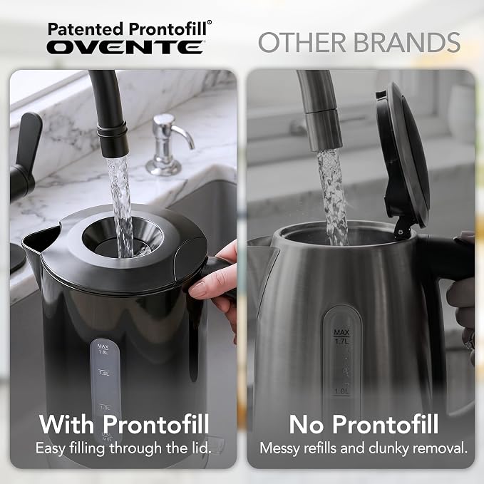 OVENTE 1.8L Electric Kettle, 1500W Fast Boiling Heater for Coffee or Tea, BPA Free, Easy to Fill Lid, Water Level Window, Auto Shut-Off, Boil-Dry Protection and Removable Filter, Black KP413B