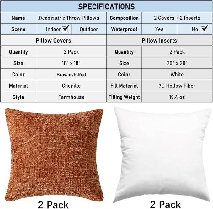 18" x 18" Decorative Throw Pillow with Inserts, Set of 2 Soft Modern Farmhouse Throw Pillows, Square Boho Pillow for Couch, Bed, Sofa Decor (Brick-red, 18" x 18"(Pack of 2))