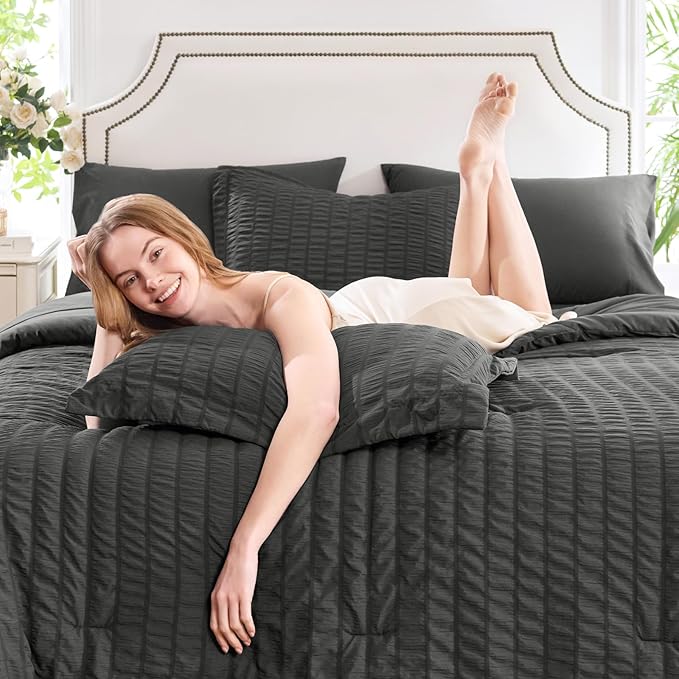 CozyLux Full Size Comforter Sets with Sheets 7 Pieces, Dark Grey Seersucker Bed in a Bag Textured Luxury Soft Dark Gray Bedding Set Down Alternative Comforter, Sheets, Pillowcases & Shams All Seasons