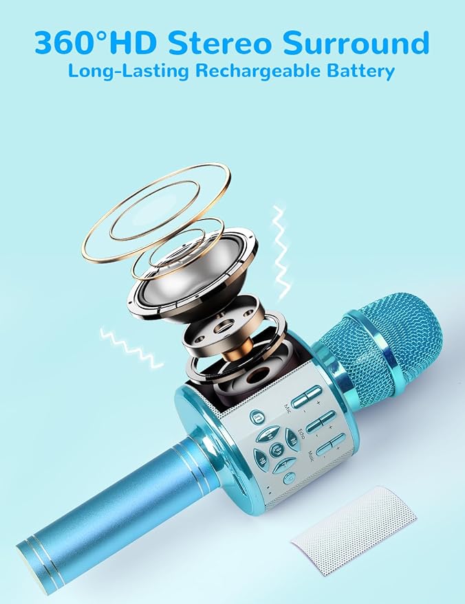 Amazmic Kids Karaoke Microphone Machine Toys for Girls Bluetooth Microphone with LED Light, Christmas Birthday Gift for Girls Boys 3 4 5 6 7 8 9 10 11 12 Year Old Kids Toys(Blue)