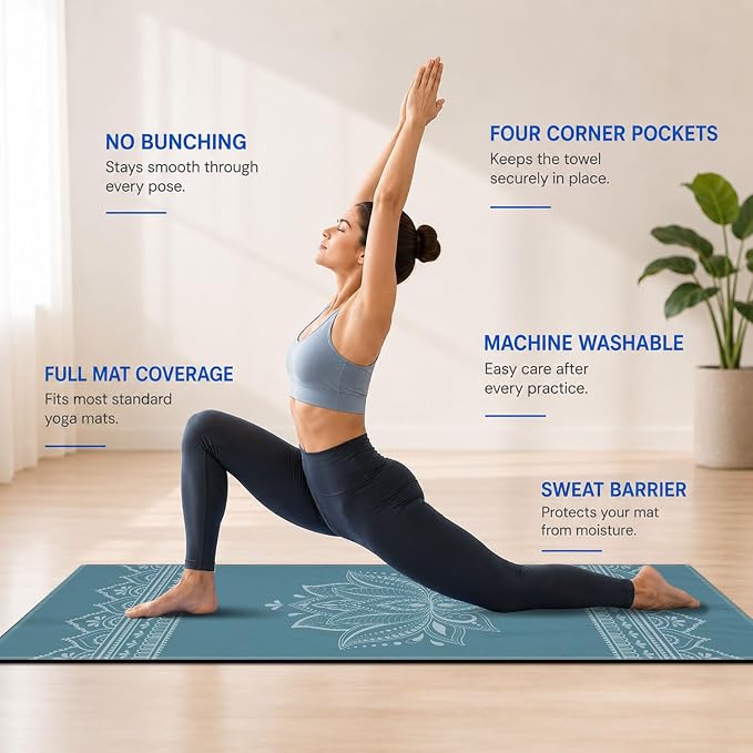 Yoga Mat Towel, Hot Yoga Non Slip with 4 Corner Pockets, 70 x 26 in | Soft Absorbent Microfiber With Four Corner Pockets, Fits Over Yoga Mats For Hot Yoga, Pilates, Gym, And Travel