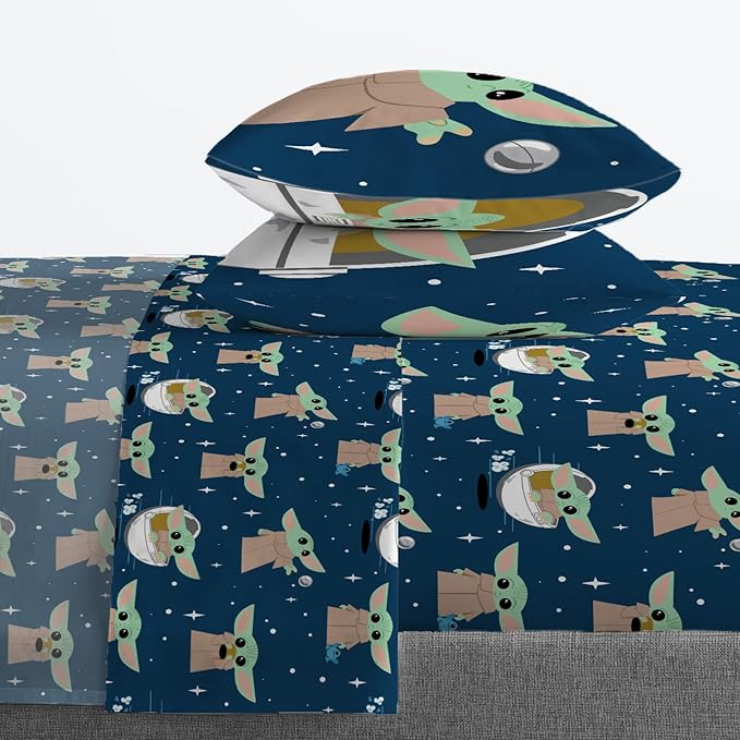 Jay Franco Star Wars The Mandalorian Hello Grogu 7 Piece Queen Size Bed Set - Includes Comforter & Sheet Set - Super Soft Kids Bedding Fade Resistant Microfiber (Official Star Wars Product)
