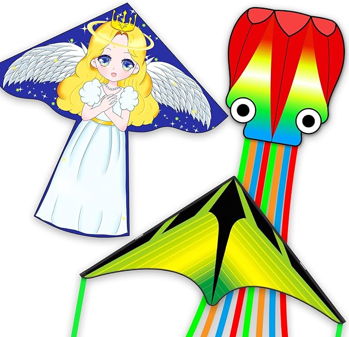 Kites for Kids & Adults,Large Kite for Beginners, Kites for Kids Ages 4-8,Outdoors Activities with Complete Handle, 328ft Kite String & Accessories (Angel+Grassland+Octopus, 3)