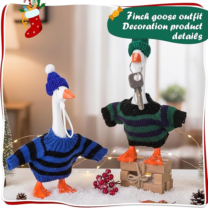 4 Set 7 Inch Mini Desk Goose Knitted Outfits Magnetic Goose Key Holder Multiple Colors Clothes for Magnetic Duck Statue Desk Key Holder Decor(Dark Stripes)