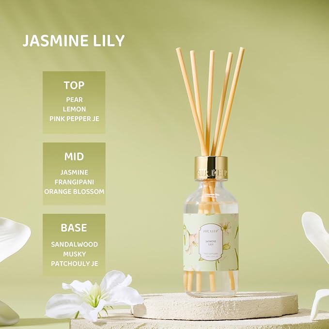 Airkeep Reed Diffuser Oil Set with Reed Sticks,Jasmine Lily Aromatherapy Oil Scent Diffuser for Home Office Bathroom Decoration Perfume and Gifts 3.38 oz/100ml