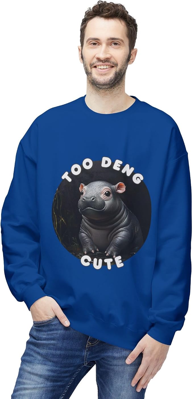Unisex Fleece Crewneck Sweatshirt - Too Deng Cute Moo Deng Hippo, Cozy Cotton Blend, Classic Relaxed Fit