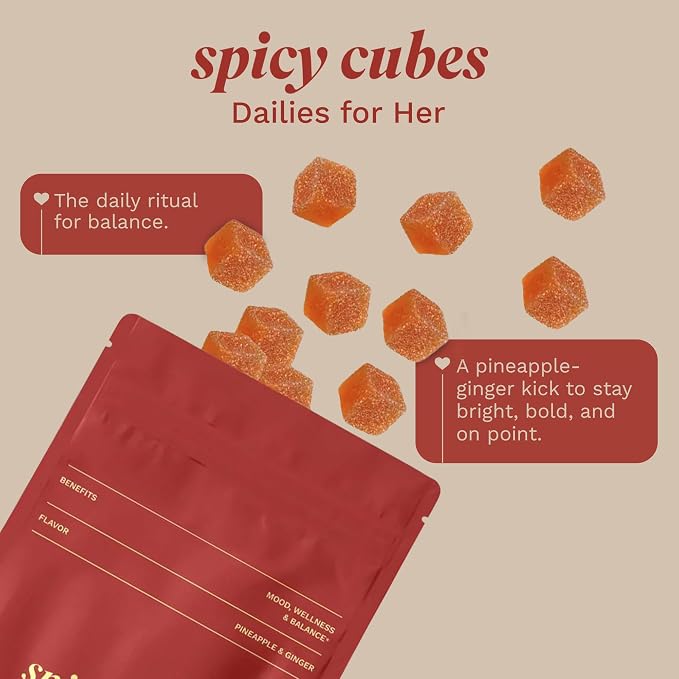 Spicy Cubes Dailies for Her – Feminine Balance Wellness Gummies with Saffron & Fenugreek – Natural Mood Support, Female Vitality & Energy – Tropical Pineapple Ginger Flavor, Plant-Based (30 Gummies)