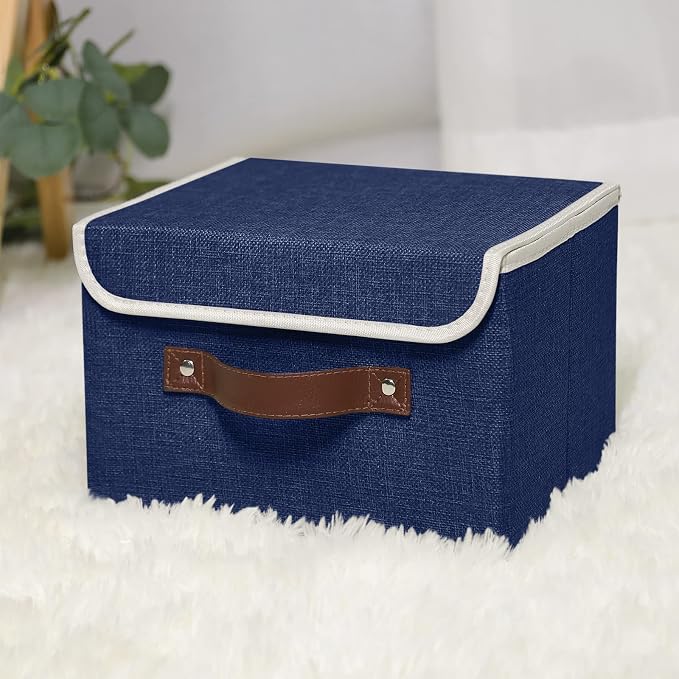 ANMINY Fabric Storage Box Bins with Lids, Blue, 10"x8"x7" | Keepsake Memory Storage, Cotton Linen, PP Board Reinforced, Washable, PU Handles, Foldable & Stackable, Decorative, Small
