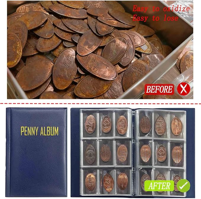 108 Pockets Pressed Penny Collecting Album Book, Portable Smashed Pressed Penny Album Book Holder for Collectors, Suitable for Work or Travel (Blue)
