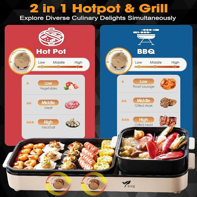 2026 Electric Hot Pot with Grill,2-10 People Indoor Hot Pot 2 in 1 Multi-function Smokeless Shabu-Shabu Hotpot Korean BBQ Grill for Simmer,Separate Dual Temperature Contral