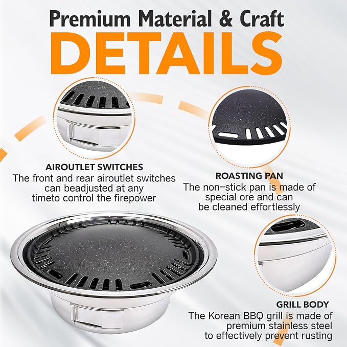 Korean Charcoal Grill 13.8 Inches Stainless Steel Tabletop BBQ Grill Stove Outdoor Camping Cooker, Tabletop Smoker Grill BBQ Grill for Patio Garden Backyard